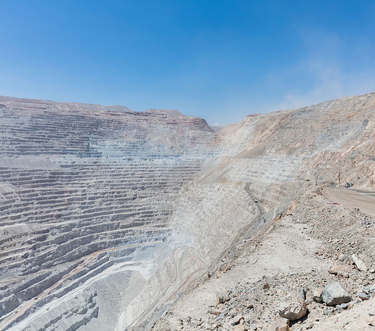 The terraced open pit of Codelco's Chuquicamata mine near Calama, Chile, the division next to Ministro Hales, photographed in 2016.